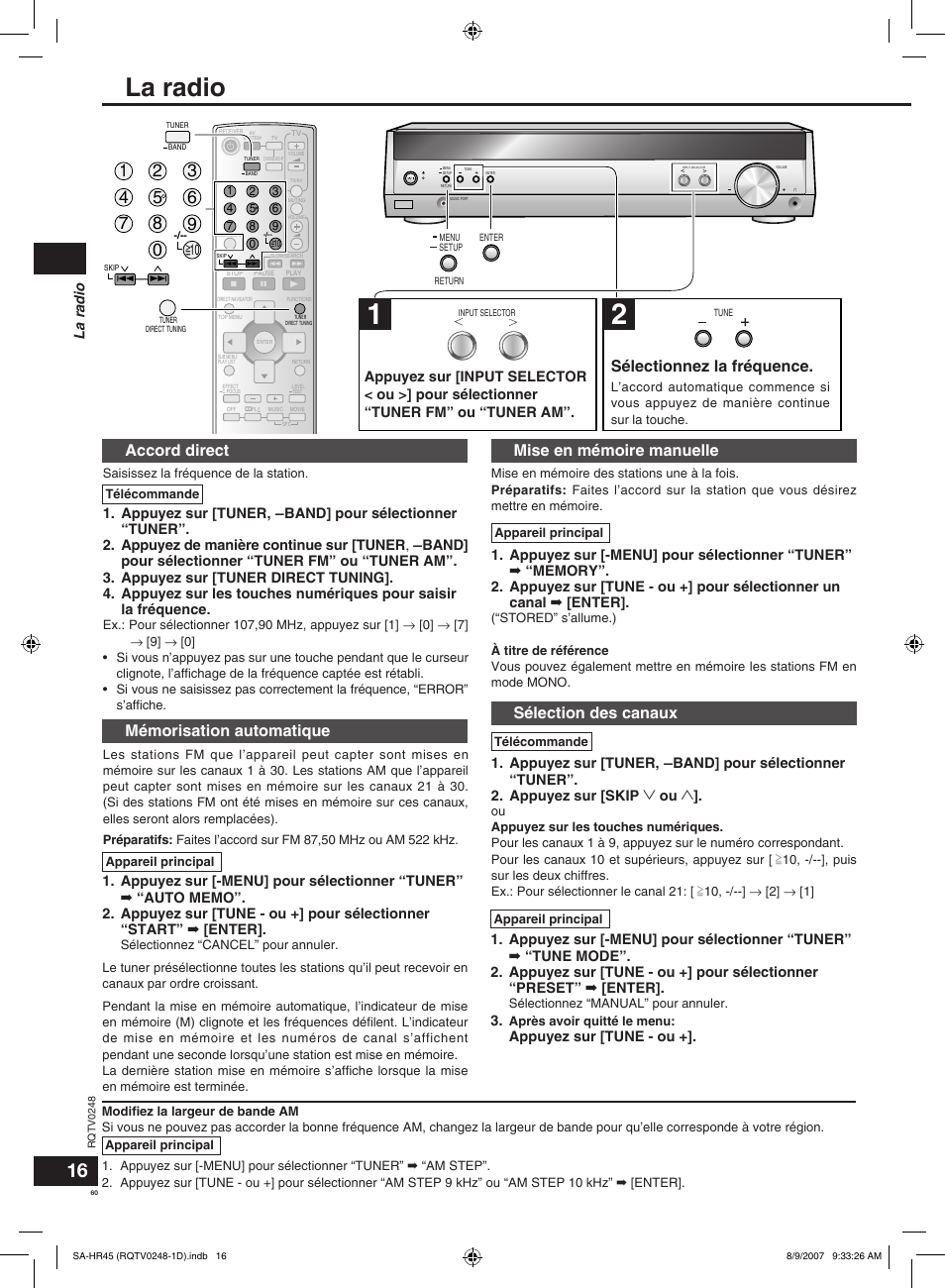 La radio, Sélectionnez la fréquence, Accord direct | Mémorisation automatique, Mise en mémoire manuelle, Sélection des canaux | Panasonic SAHR45EG User Manual | Page 60 / 68