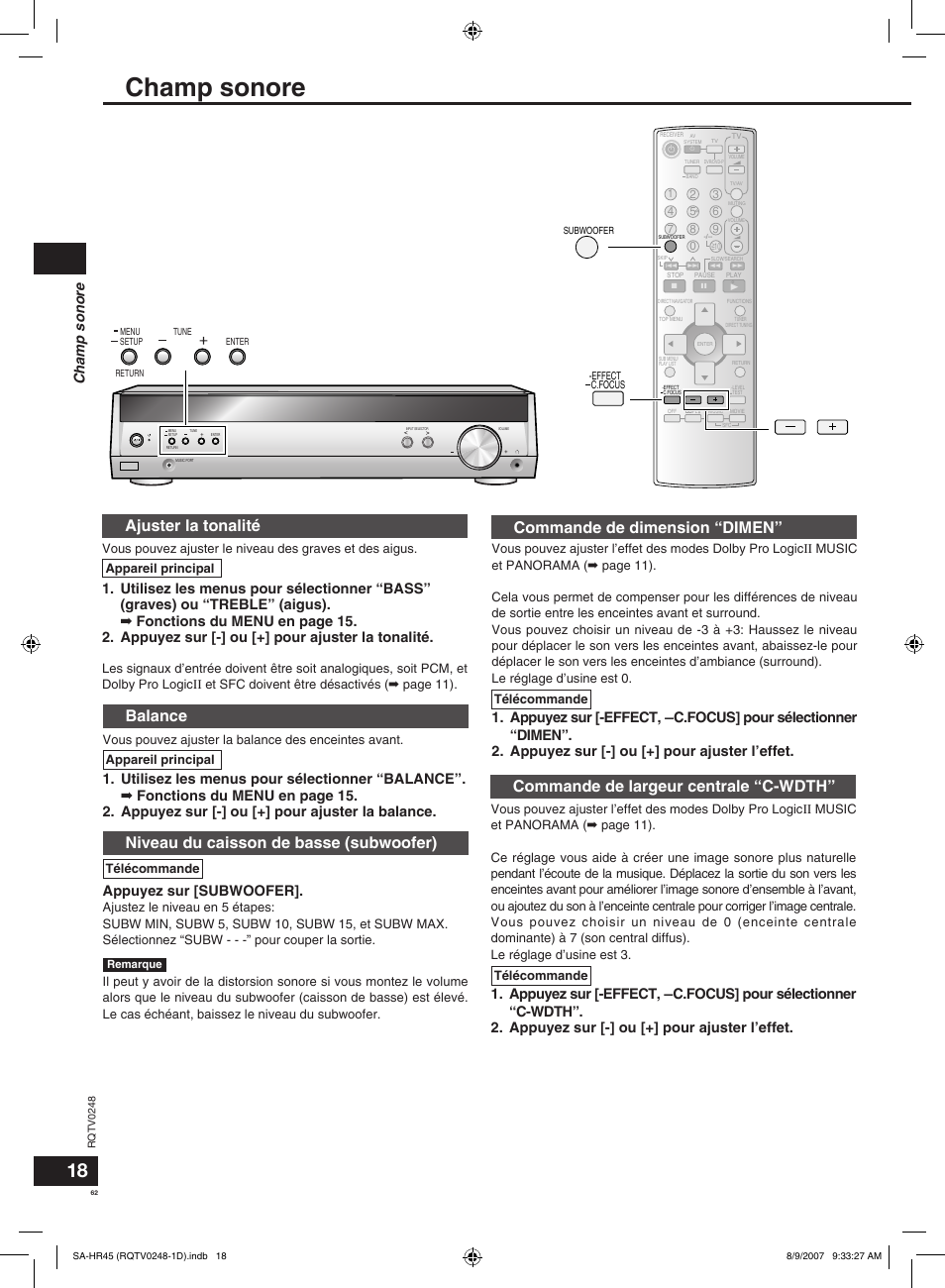 Ajuster la tonalité, Balance, Niveau du caisson de basse (subwoofer) | Commande de dimension “dimen, Commande de largeur centrale “c-wdth, Champ sonore, Appuyez sur [subwoofer, Vous pouvez ajuster la balance des enceintes avant, Télécommande, Appareil principal | Panasonic SAHR45EG User Manual | Page 62 / 68