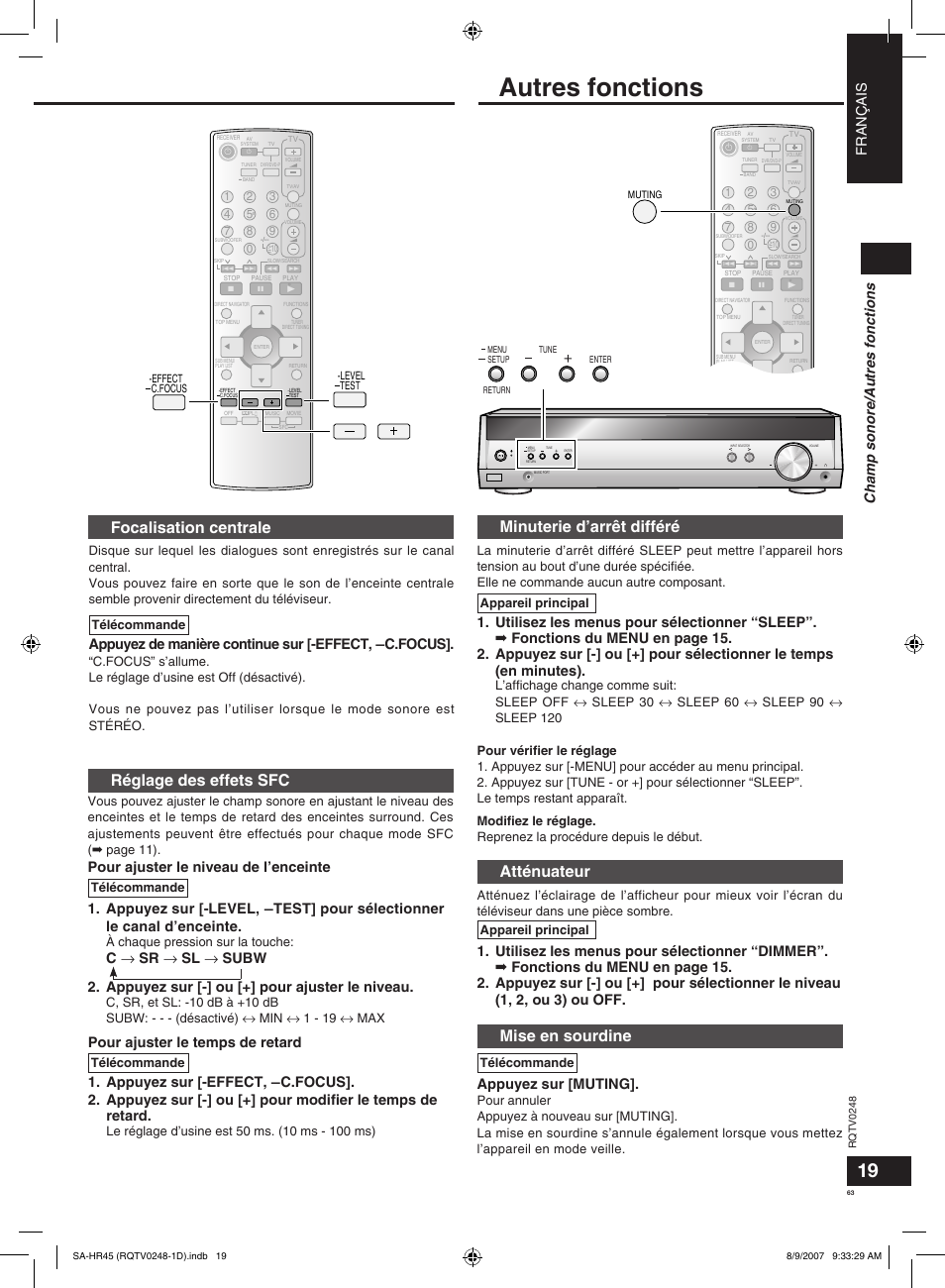 Autres fonctions, Réglage des effets sfc, Focalisation centrale | Atténuateur, Minuterie d’arrêt différé, Mise en sourdine, Français, Appuyez de manière continue sur [-effect, ―c.focus, Appuyez sur [muting, Champ sonore/autres fonctions | Panasonic SAHR45EG User Manual | Page 63 / 68