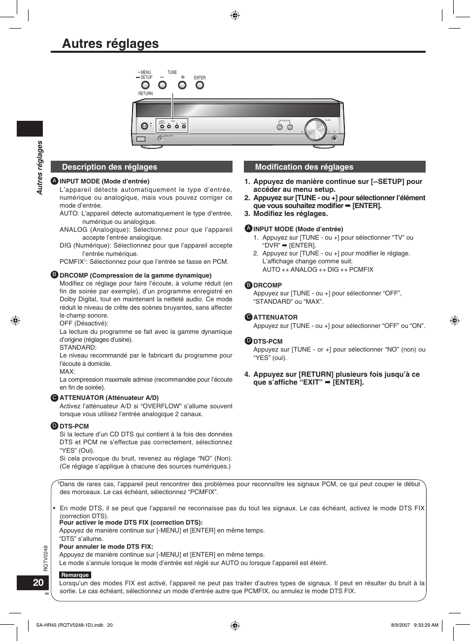 Autres réglages, Description des réglages, Modiﬁcation des réglages | Panasonic SAHR45EG User Manual | Page 64 / 68