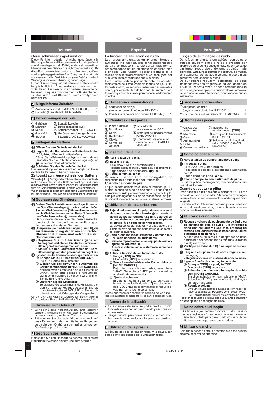 Deutsch, Español, Português | Panasonic RPHC50 User Manual | Page 5 / 6