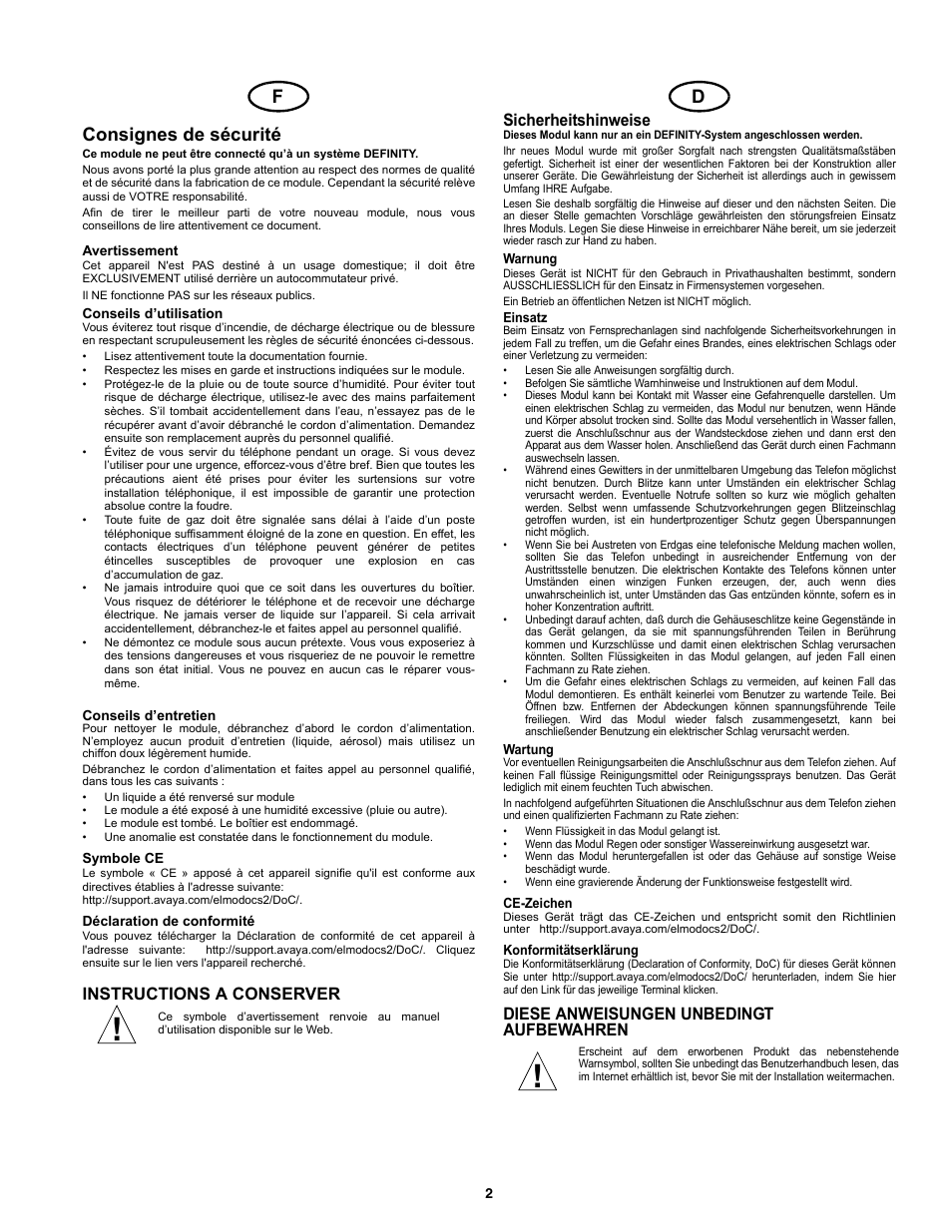 Consignes de sécurité, Sicherheitshinweise, Instructions a conserver | Diese anweisungen unbedingt aufbewahren | Avaya 700230253 User Manual | Page 2 / 12