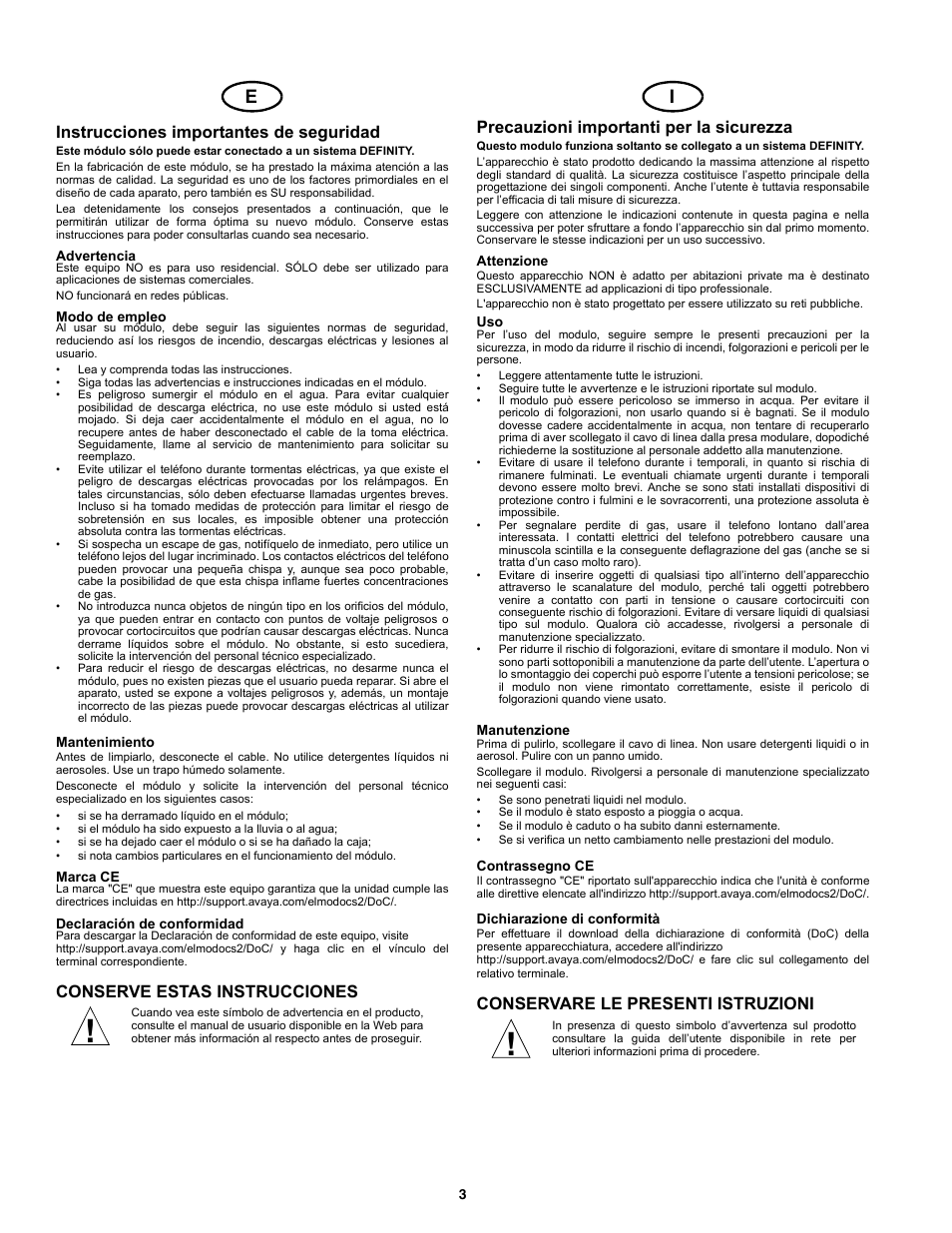 Instrucciones importantes de seguridad, Precauzioni importanti per la sicurezza, Conserve estas instrucciones | Conservare le presenti istruzioni | Avaya 700230253 User Manual | Page 3 / 12