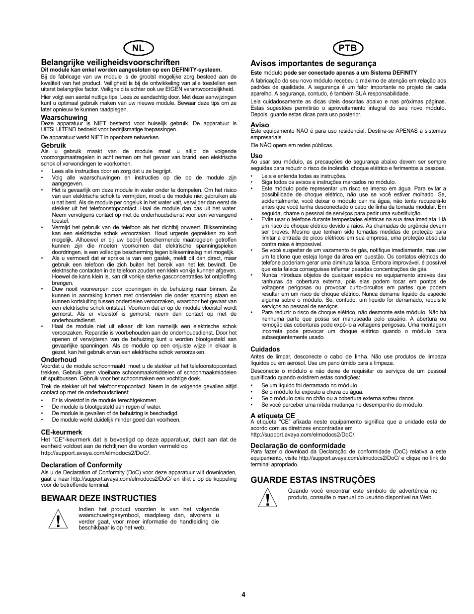 Belangrijke veiligheidsvoorschriften, Avisos importantes de segurança, Bewaar deze instructies | Guarde estas instruções | Avaya 700230253 User Manual | Page 4 / 12