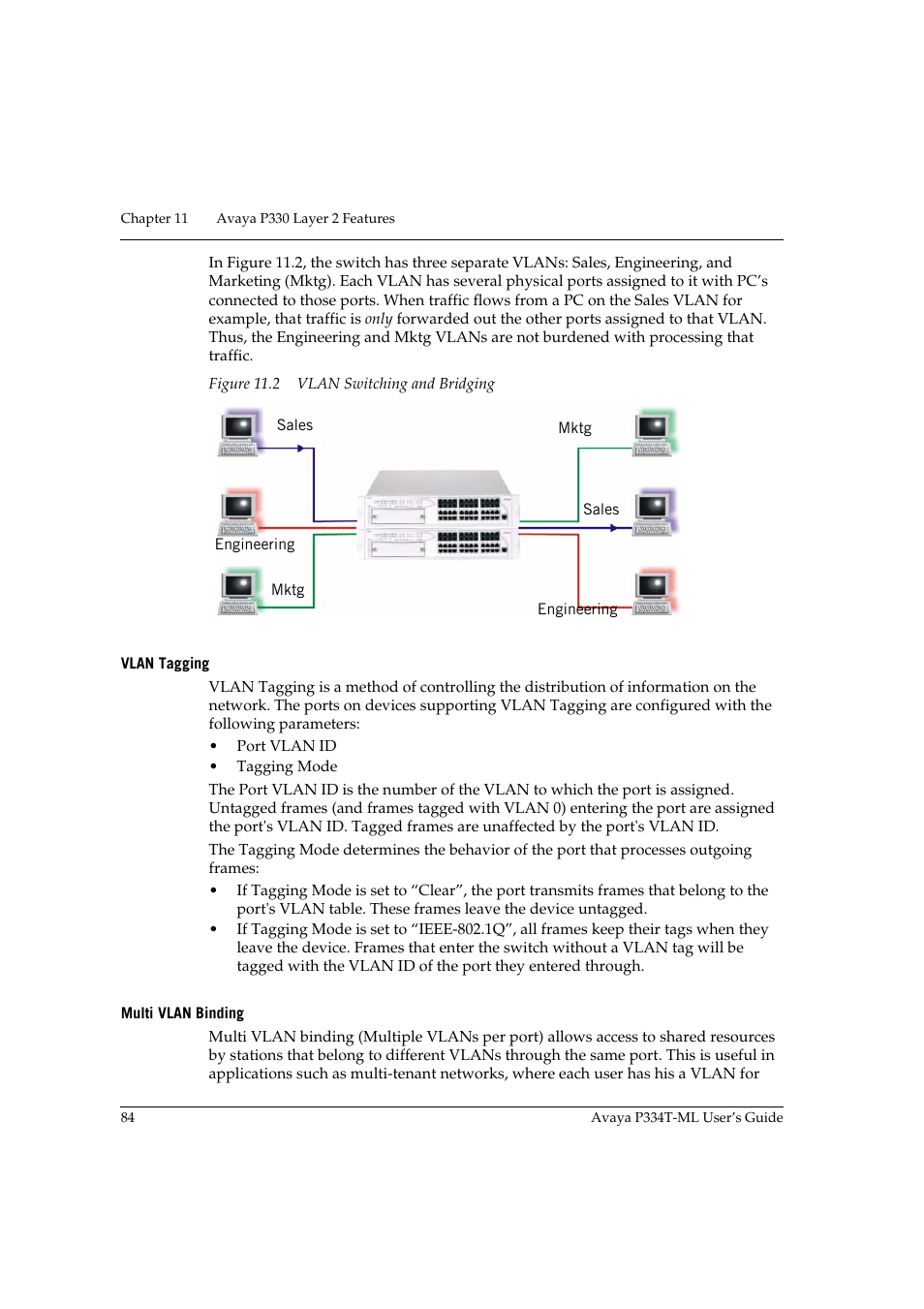 Vlan tagging, Multi vlan binding, Vlan tagging multi vlan binding | Avaya Stackable Switch P3343T-ML User Manual | Page 100 / 178