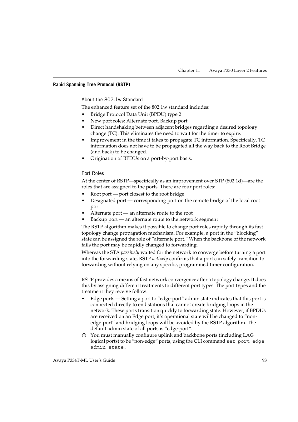 Rapid spanning tree protocol (rstp), About the 802.1w standard, Port roles | About the 802.1w standard port roles | Avaya Stackable Switch P3343T-ML User Manual | Page 109 / 178