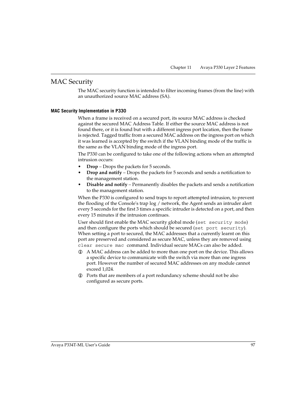Mac security, Mac security implementation in p330 | Avaya Stackable Switch P3343T-ML User Manual | Page 113 / 178