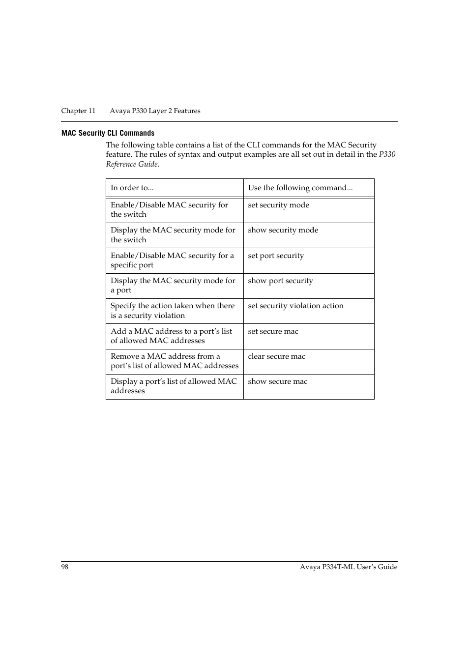 Mac security cli commands | Avaya Stackable Switch P3343T-ML User Manual | Page 114 / 178