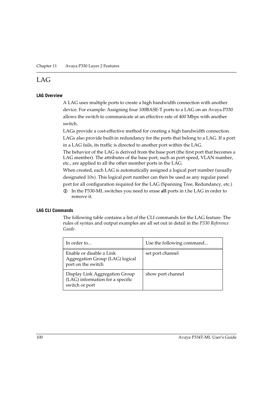 Lag overview, Lag cli commands, Lag overview lag cli commands | Avaya Stackable Switch P3343T-ML User Manual | Page 116 / 178