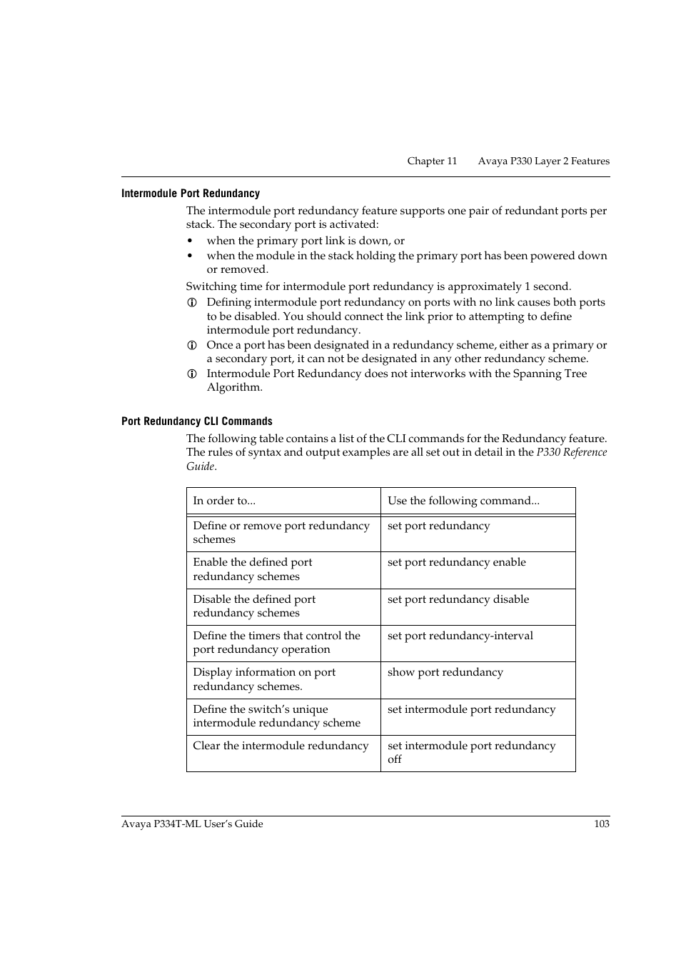 Intermodule port redundancy, Port redundancy cli commands | Avaya Stackable Switch P3343T-ML User Manual | Page 119 / 178