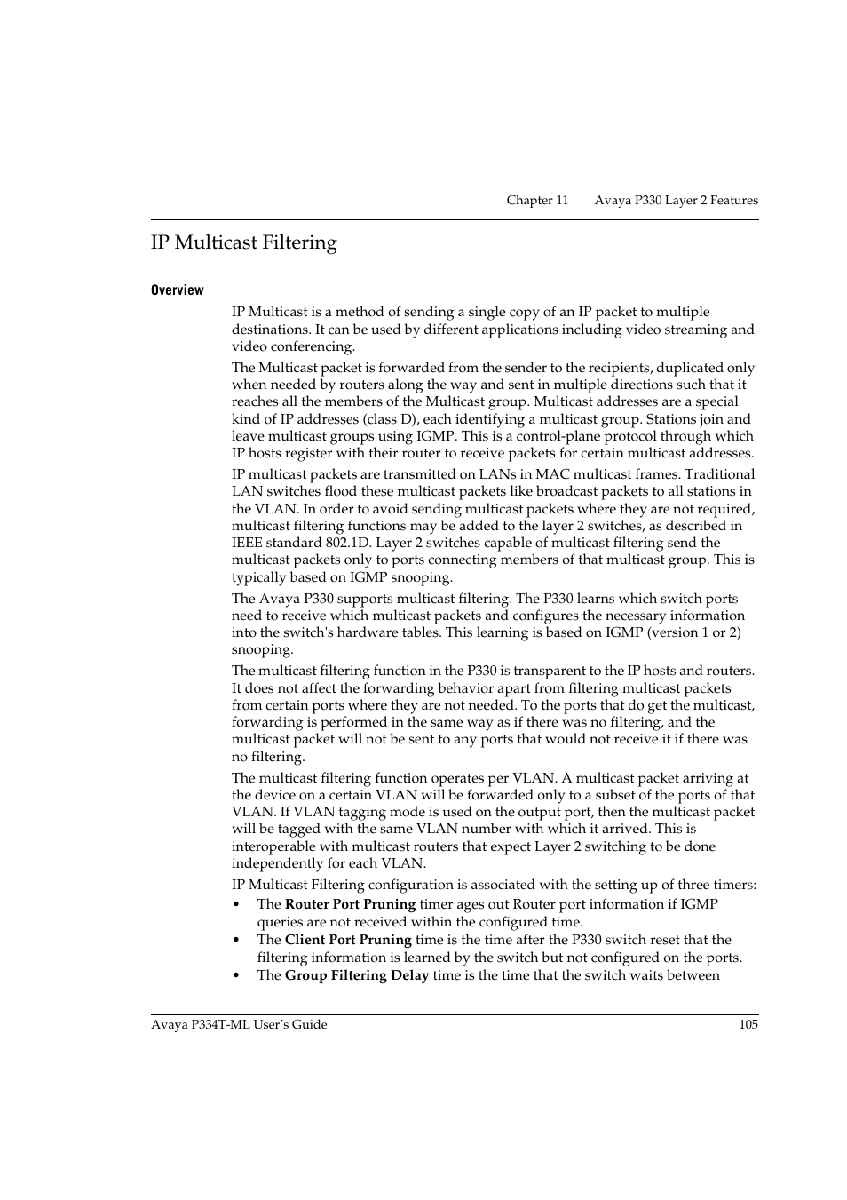 Ip multicast filtering, Overview | Avaya Stackable Switch P3343T-ML User Manual | Page 121 / 178