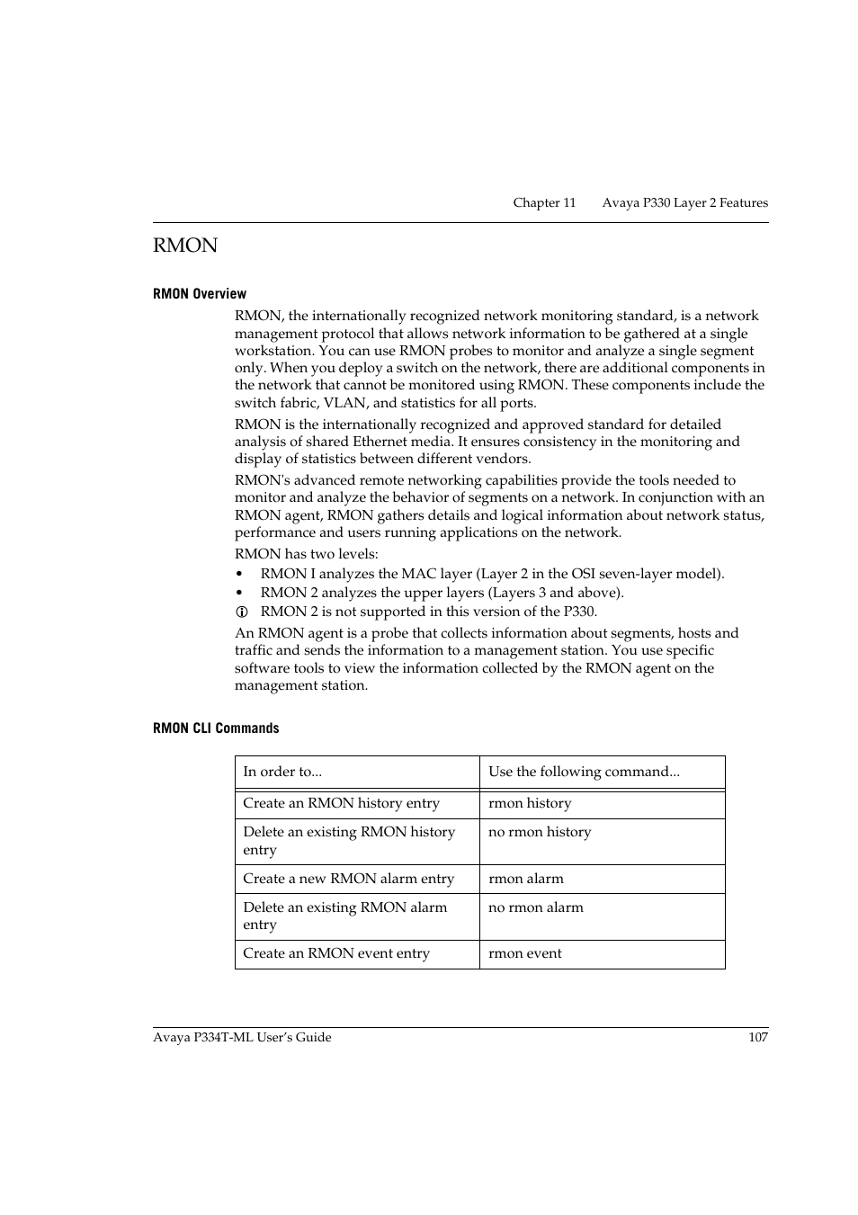 Rmon, Rmon overview, Rmon cli commands | Rmon overview rmon cli commands | Avaya Stackable Switch P3343T-ML User Manual | Page 123 / 178