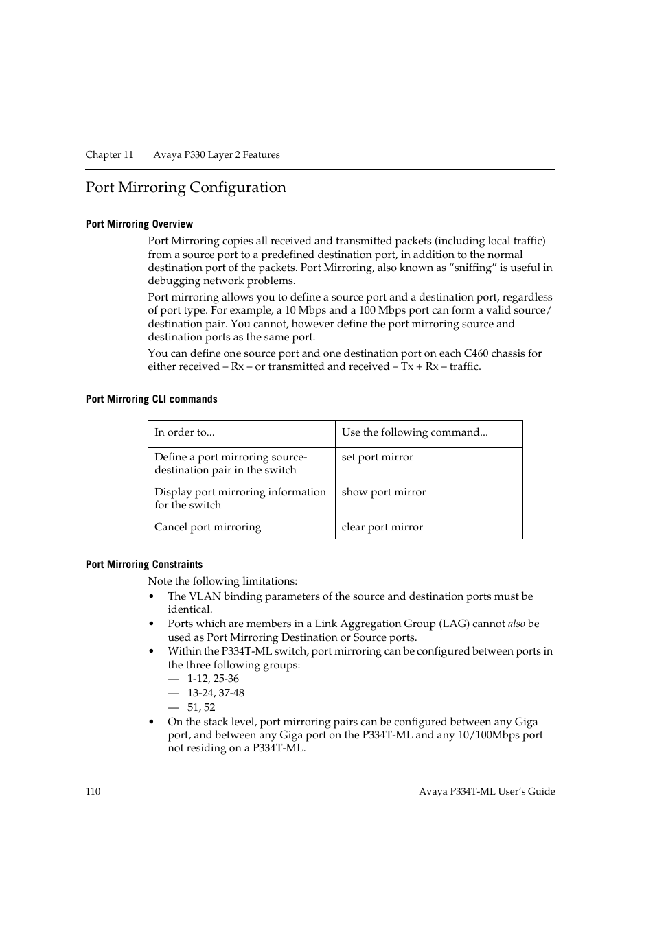 Port mirroring configuration, Port mirroring overview, Port mirroring cli commands | Port mirroring constraints | Avaya Stackable Switch P3343T-ML User Manual | Page 126 / 178