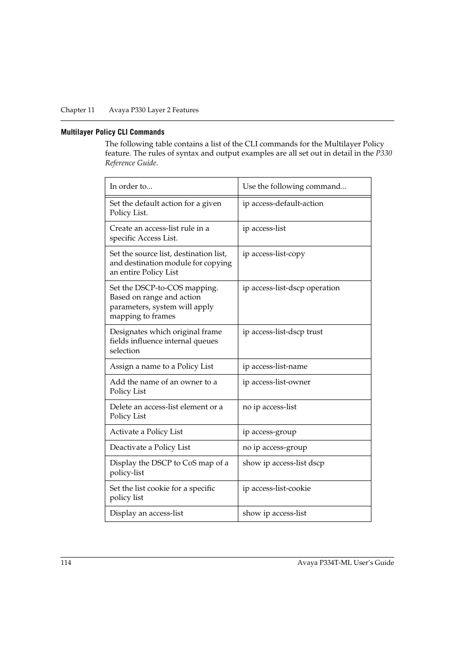 Multilayer policy cli commands | Avaya Stackable Switch P3343T-ML User Manual | Page 130 / 178