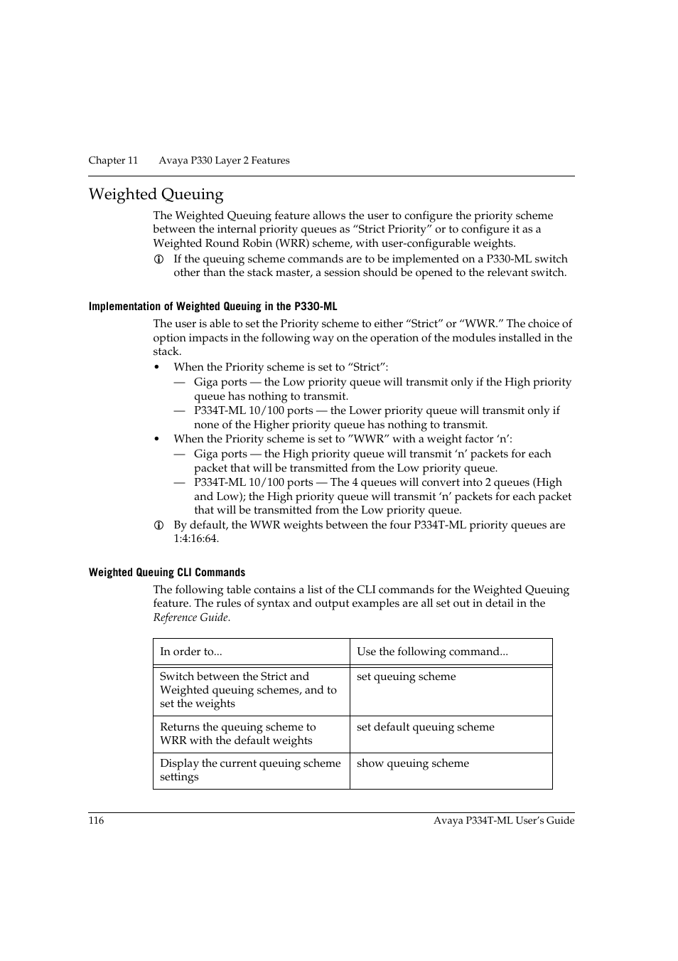 Weighted queuing, Implementation of weighted queuing in the p330-ml, Weighted queuing cli commands | Avaya Stackable Switch P3343T-ML User Manual | Page 132 / 178