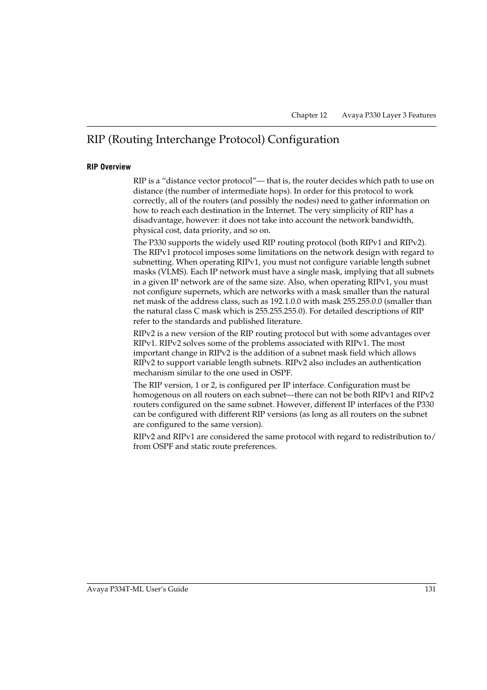 Rip (routing interchange protocol) configuration, Rip overview | Avaya Stackable Switch P3343T-ML User Manual | Page 147 / 178