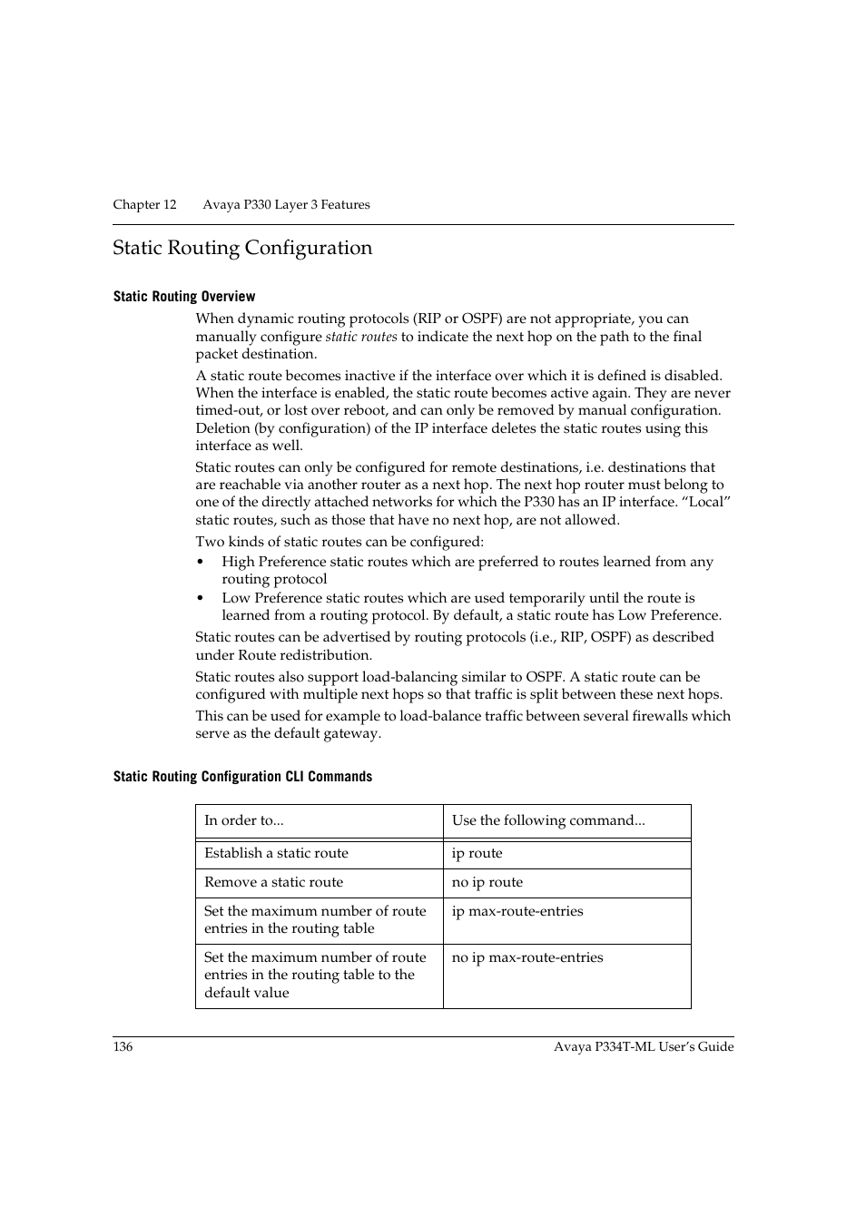 Static routing configuration, Static routing overview, Static routing configuration cli commands | Avaya Stackable Switch P3343T-ML User Manual | Page 152 / 178