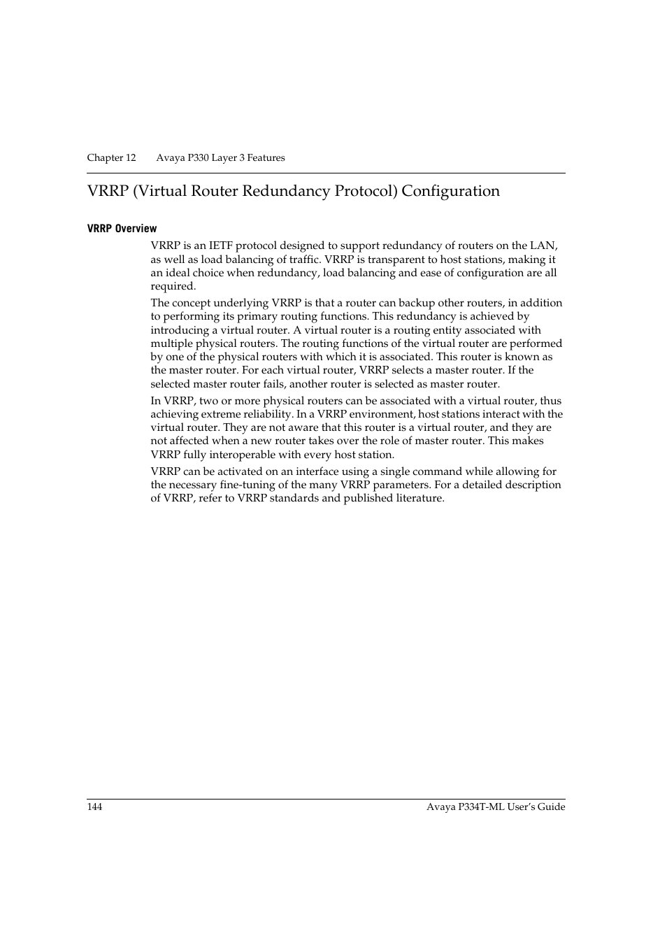 Vrrp overview | Avaya Stackable Switch P3343T-ML User Manual | Page 160 / 178