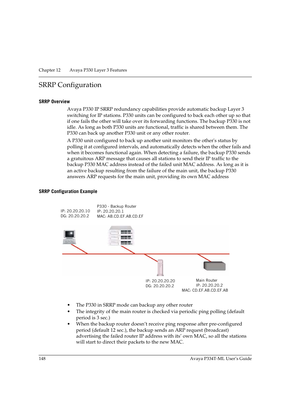 Srrp configuration, Srrp overview, Srrp configuration example | Srrp overview srrp configuration example | Avaya Stackable Switch P3343T-ML User Manual | Page 164 / 178