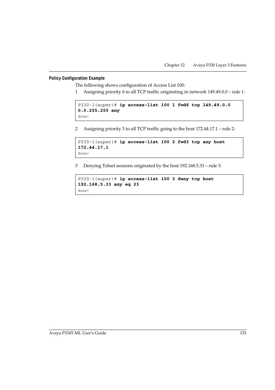 Policy configuration example | Avaya Stackable Switch P3343T-ML User Manual | Page 169 / 178