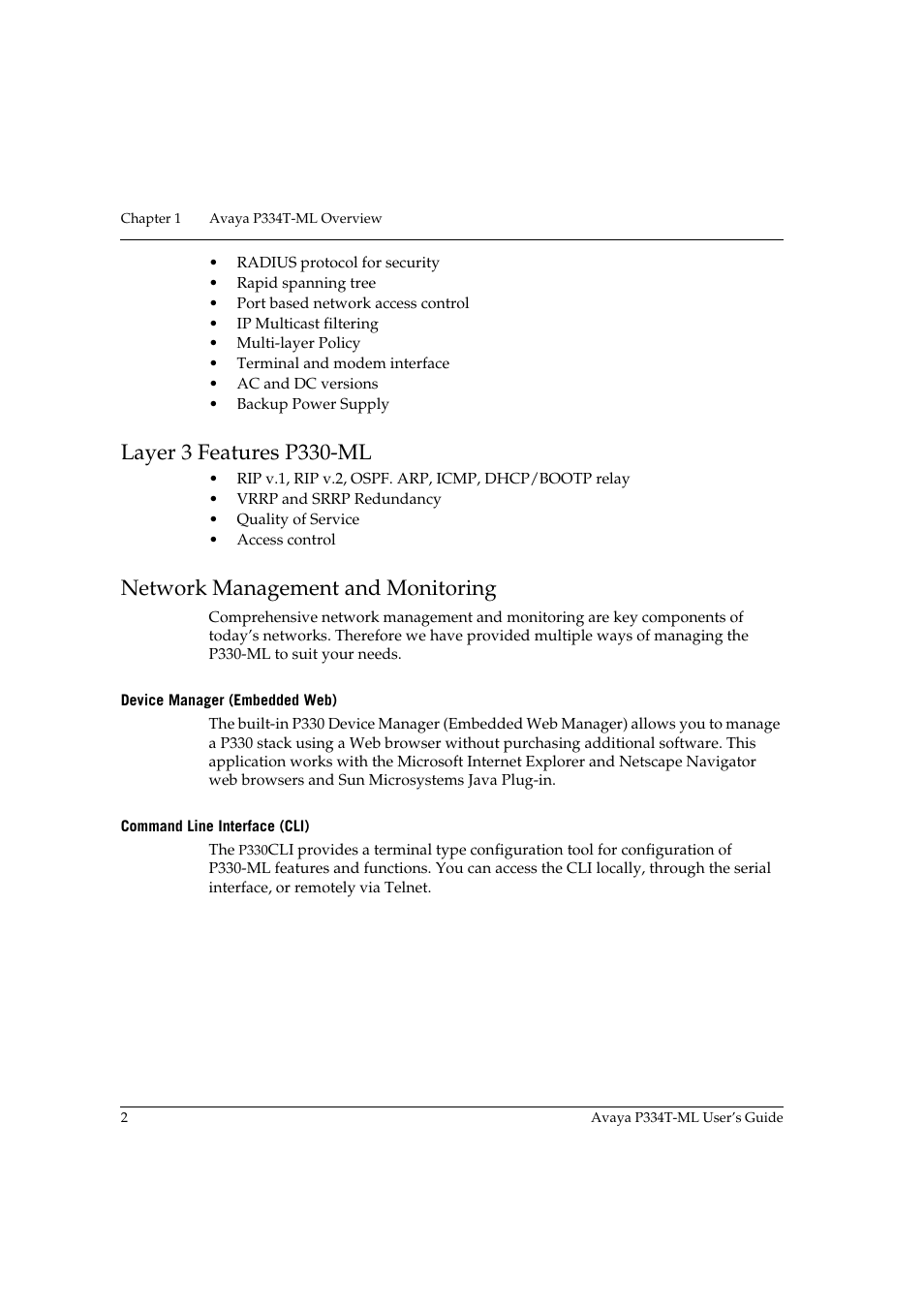 Layer 3 features p330-ml, Network management and monitoring, Device manager (embedded web) | Command line interface (cli) | Avaya Stackable Switch P3343T-ML User Manual | Page 18 / 178