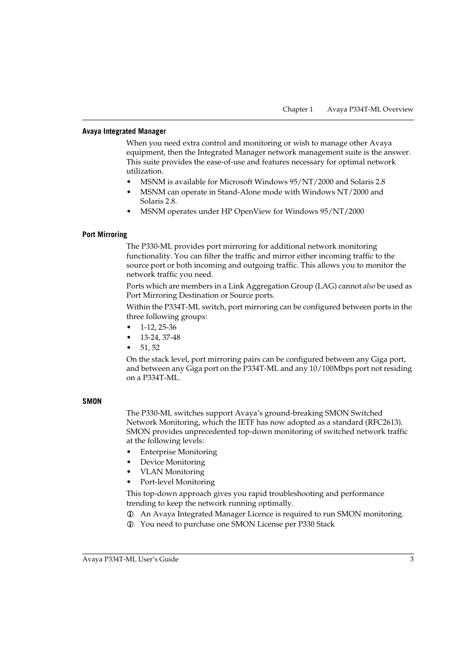 Avaya integrated manager, Port mirroring, Smon | Avaya integrated manager port mirroring smon | Avaya Stackable Switch P3343T-ML User Manual | Page 19 / 178
