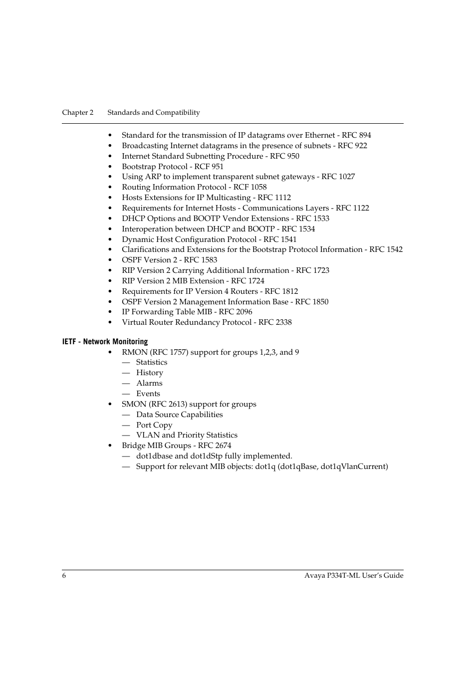 Ietf - network monitoring | Avaya Stackable Switch P3343T-ML User Manual | Page 22 / 178