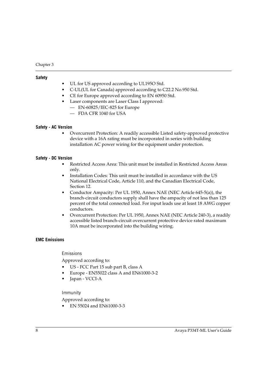 Safety, Safety - ac version, Safety - dc version | Emc emissions, Emissions, Immunity, Safety safety - ac version safety - dc version, Emissions immunity | Avaya Stackable Switch P3343T-ML User Manual | Page 24 / 178