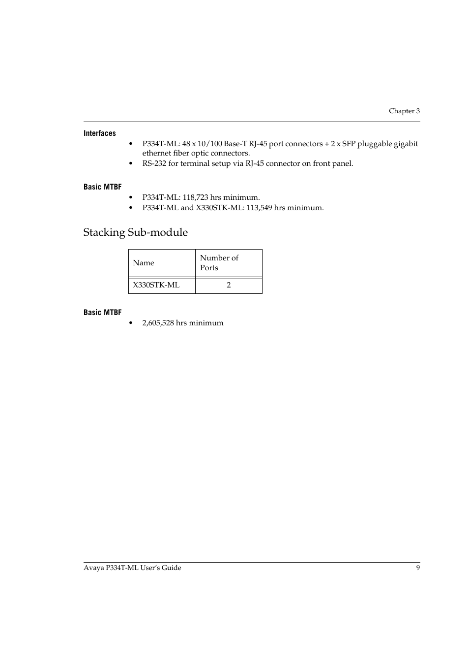 Interfaces, Basic mtbf, Stacking sub-module | Interfaces basic mtbf | Avaya Stackable Switch P3343T-ML User Manual | Page 25 / 178