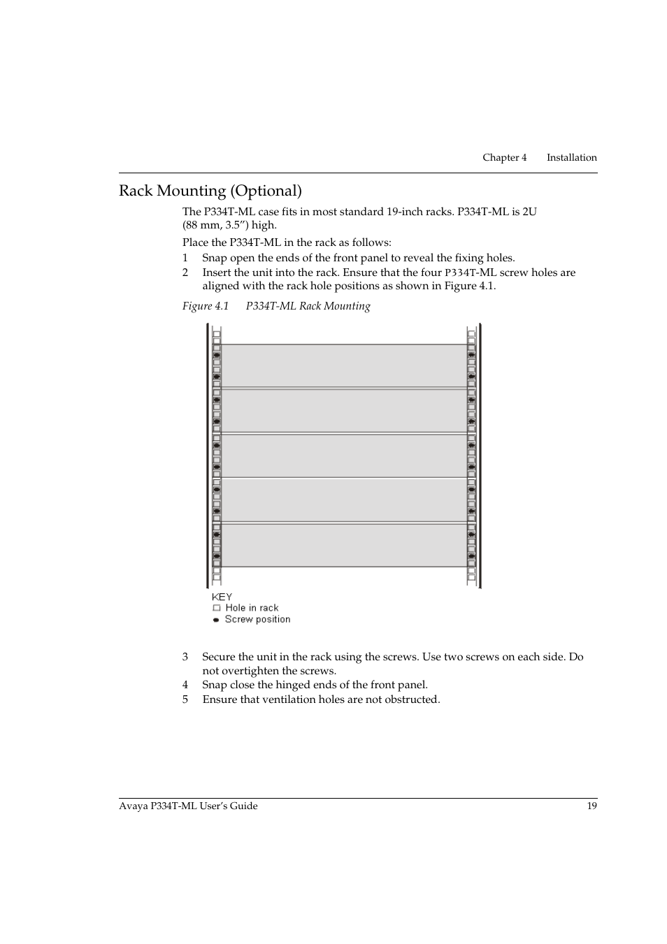 Rack mounting (optional) | Avaya Stackable Switch P3343T-ML User Manual | Page 35 / 178