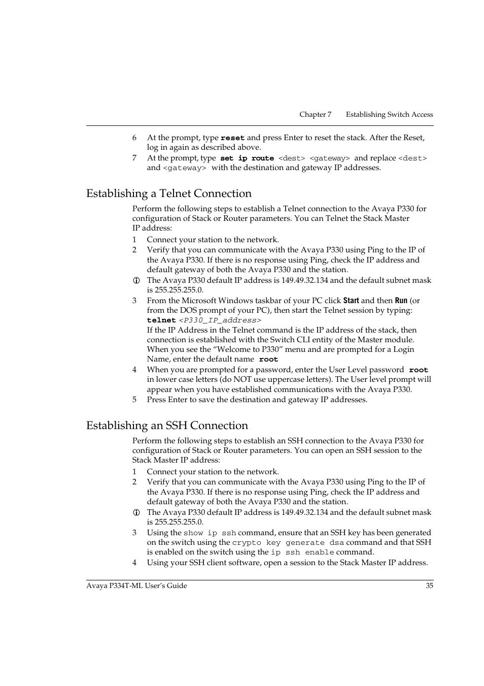 Establishing a telnet connection, Establishing an ssh connection | Avaya Stackable Switch P3343T-ML User Manual | Page 51 / 178