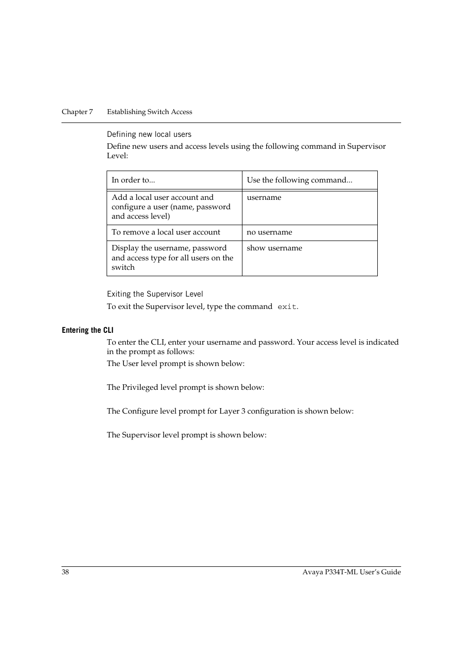 Defining new local users, Exiting the supervisor level, Entering the cli | Avaya Stackable Switch P3343T-ML User Manual | Page 54 / 178