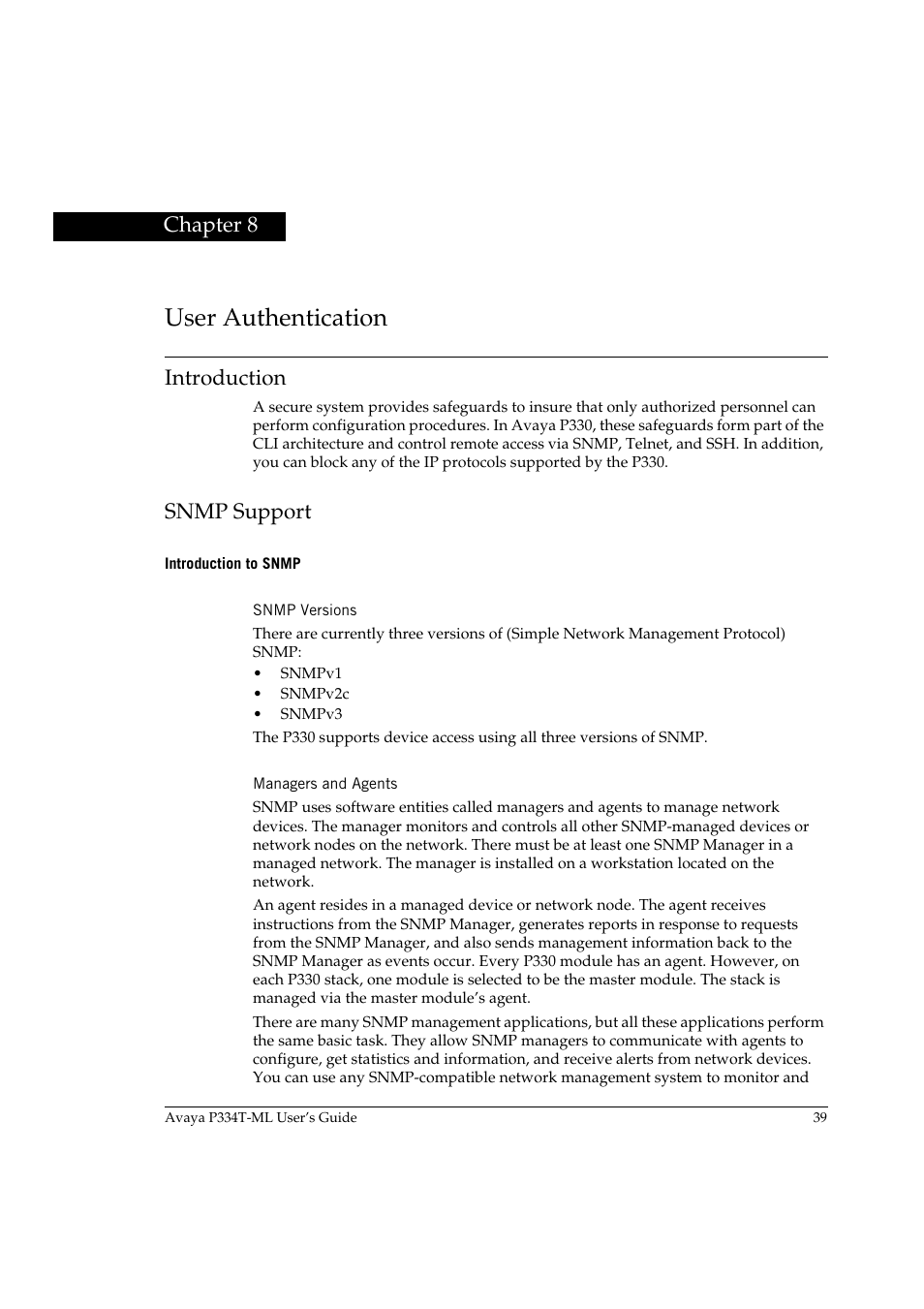 User authentication, Introduction, Snmp support | Introduction to snmp, Snmp versions, Managers and agents, Chapter 8, User authentication introduction snmp support, Snmp versions managers and agents | Avaya Stackable Switch P3343T-ML User Manual | Page 55 / 178