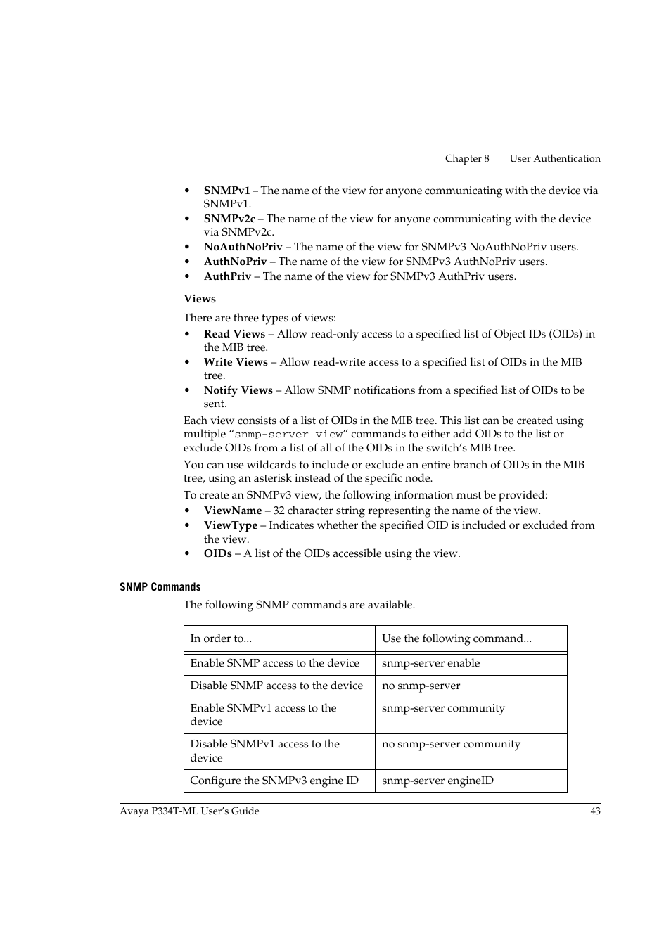 Snmp commands | Avaya Stackable Switch P3343T-ML User Manual | Page 59 / 178