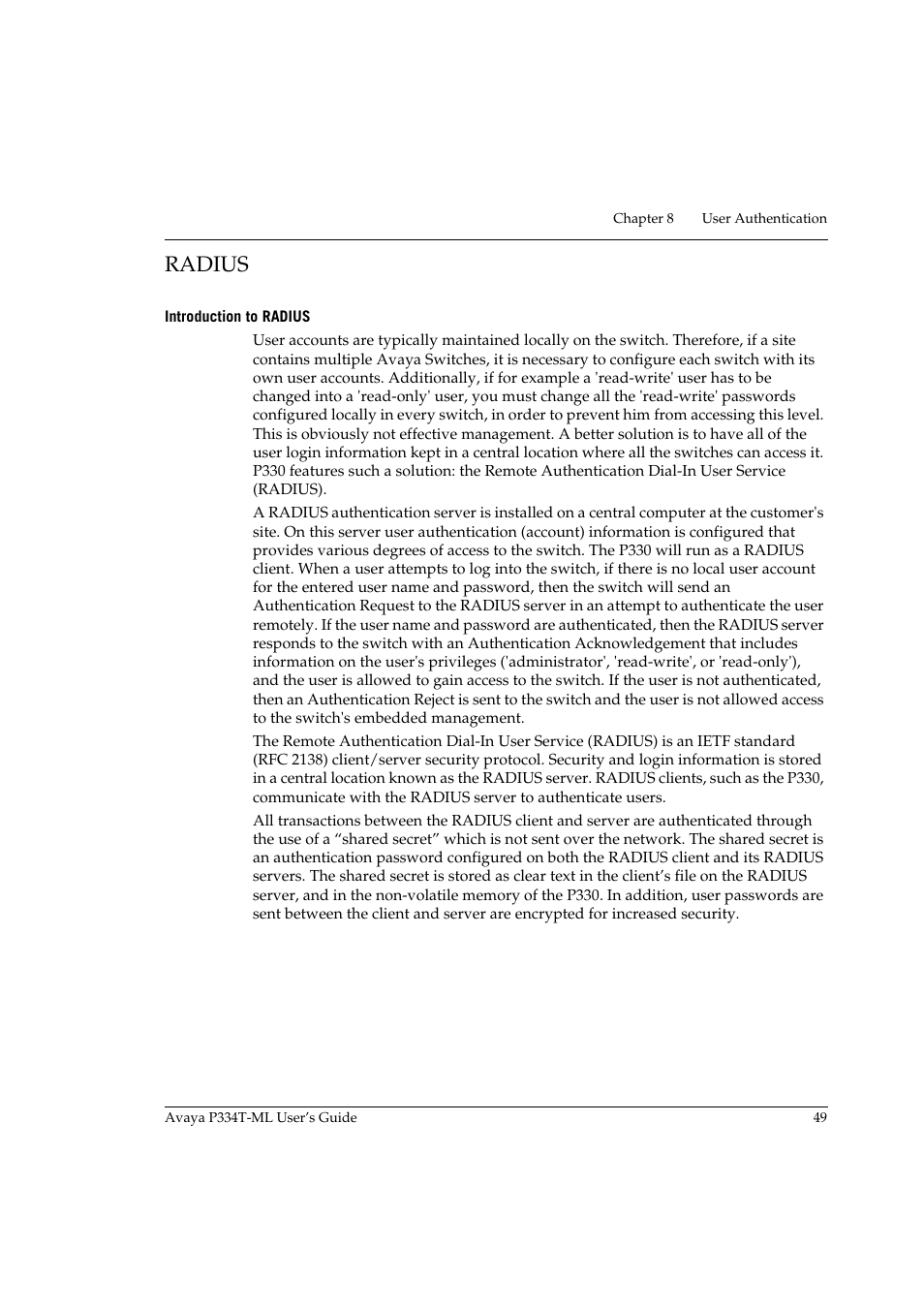 Radius, Introduction to radius | Avaya Stackable Switch P3343T-ML User Manual | Page 65 / 178