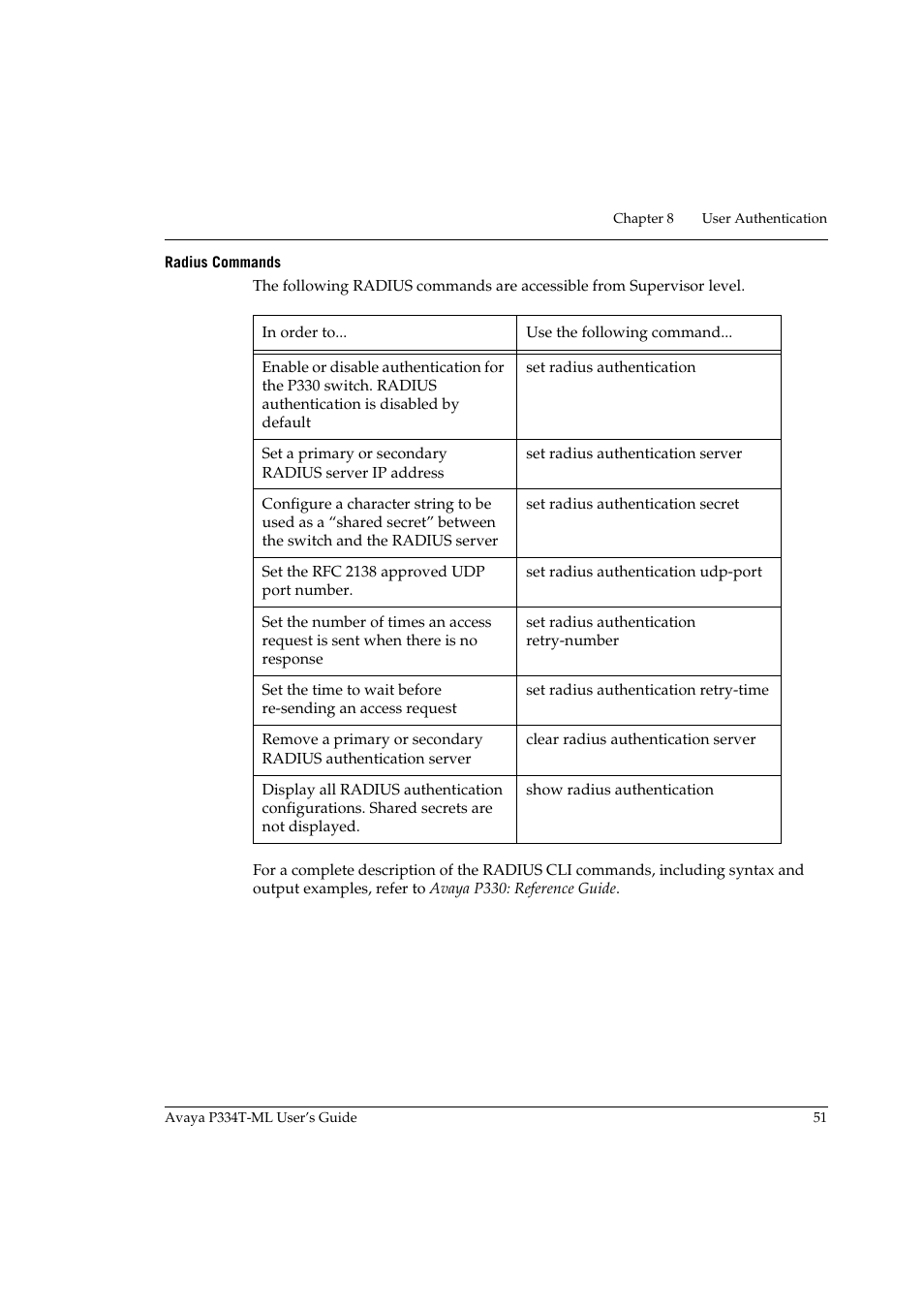 Radius commands | Avaya Stackable Switch P3343T-ML User Manual | Page 67 / 178