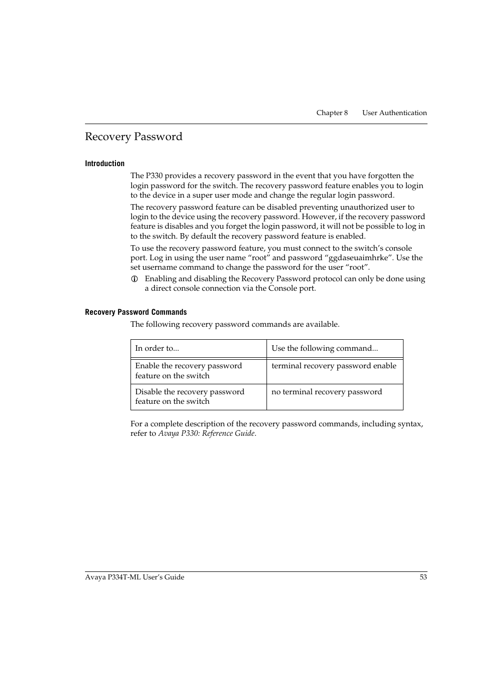 Recovery password, Introduction, Recovery password commands | Introduction recovery password commands | Avaya Stackable Switch P3343T-ML User Manual | Page 69 / 178