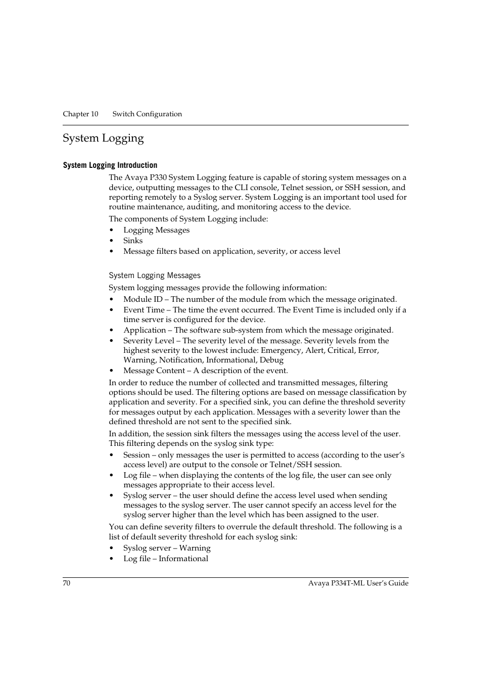 System logging, System logging introduction, System logging messages | Avaya Stackable Switch P3343T-ML User Manual | Page 86 / 178