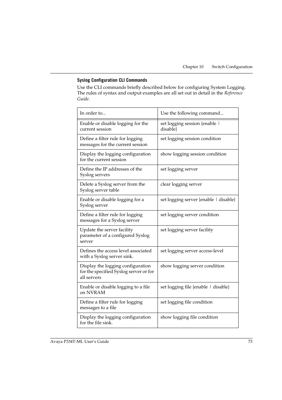 Syslog configuration cli commands | Avaya Stackable Switch P3343T-ML User Manual | Page 89 / 178