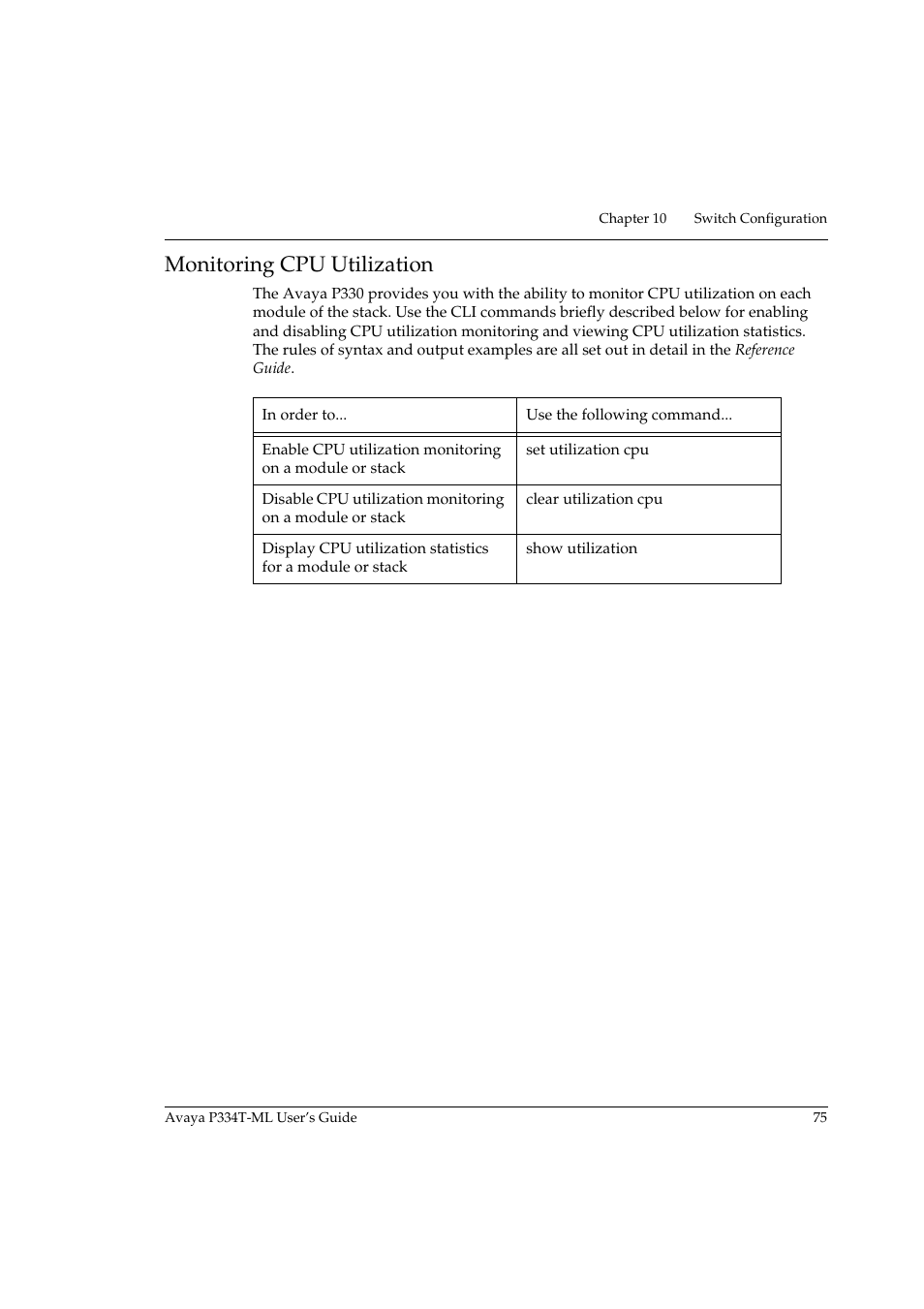 Monitoring cpu utilization | Avaya Stackable Switch P3343T-ML User Manual | Page 91 / 178