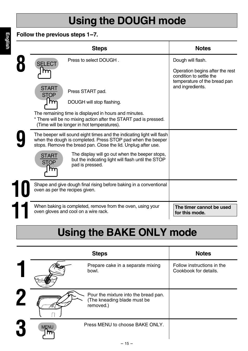 Using the dough mode using the bake only mode | Panasonic SD207 User Manual | Page 16 / 64