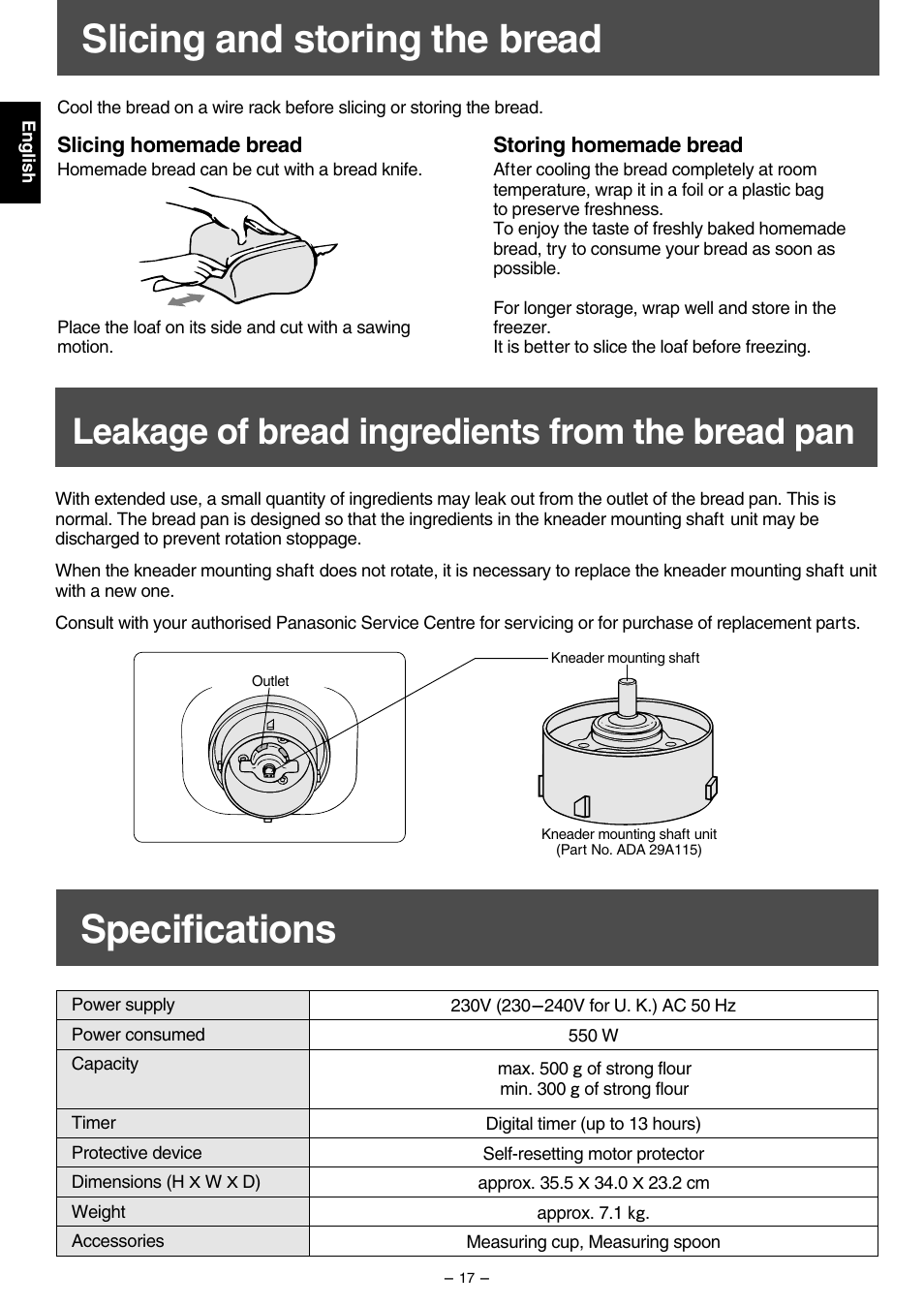 Specifications, Slicing and storing the bread, Leakage of bread ingredients from the bread pan | Panasonic SD207 User Manual | Page 18 / 64