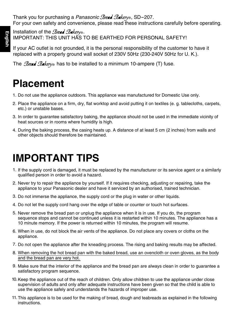 Important tips, Placement | Panasonic SD207 User Manual | Page 2 / 64