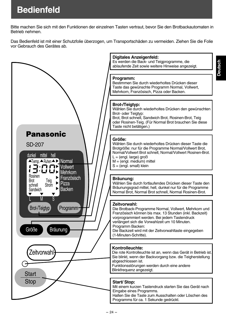 Bedienfeld, Zeitvorwahl, Start stop | Bräunung programm, Sd-207 | Panasonic SD207 User Manual | Page 25 / 64