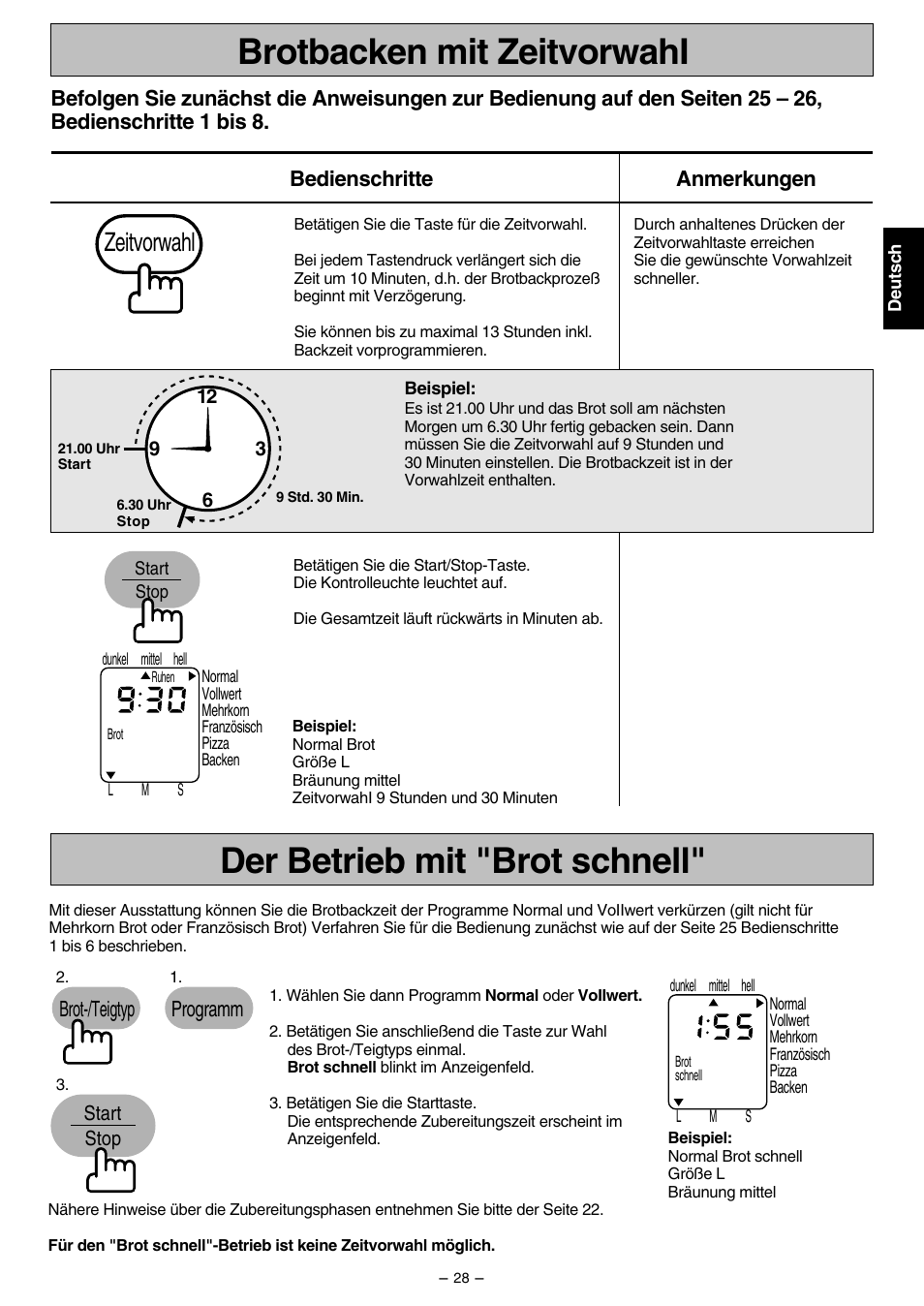 Zeitvorwahl, Brot-/teigtyp programm | Panasonic SD207 User Manual | Page 29 / 64