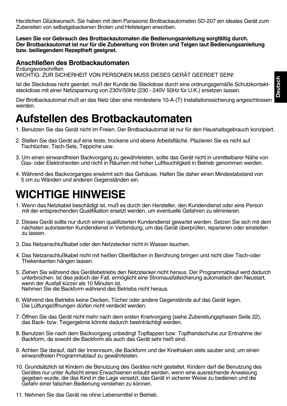 Wichtige hinweise, Aufstellen des brotbackautomaten | Panasonic SD207 User Manual | Page 3 / 64