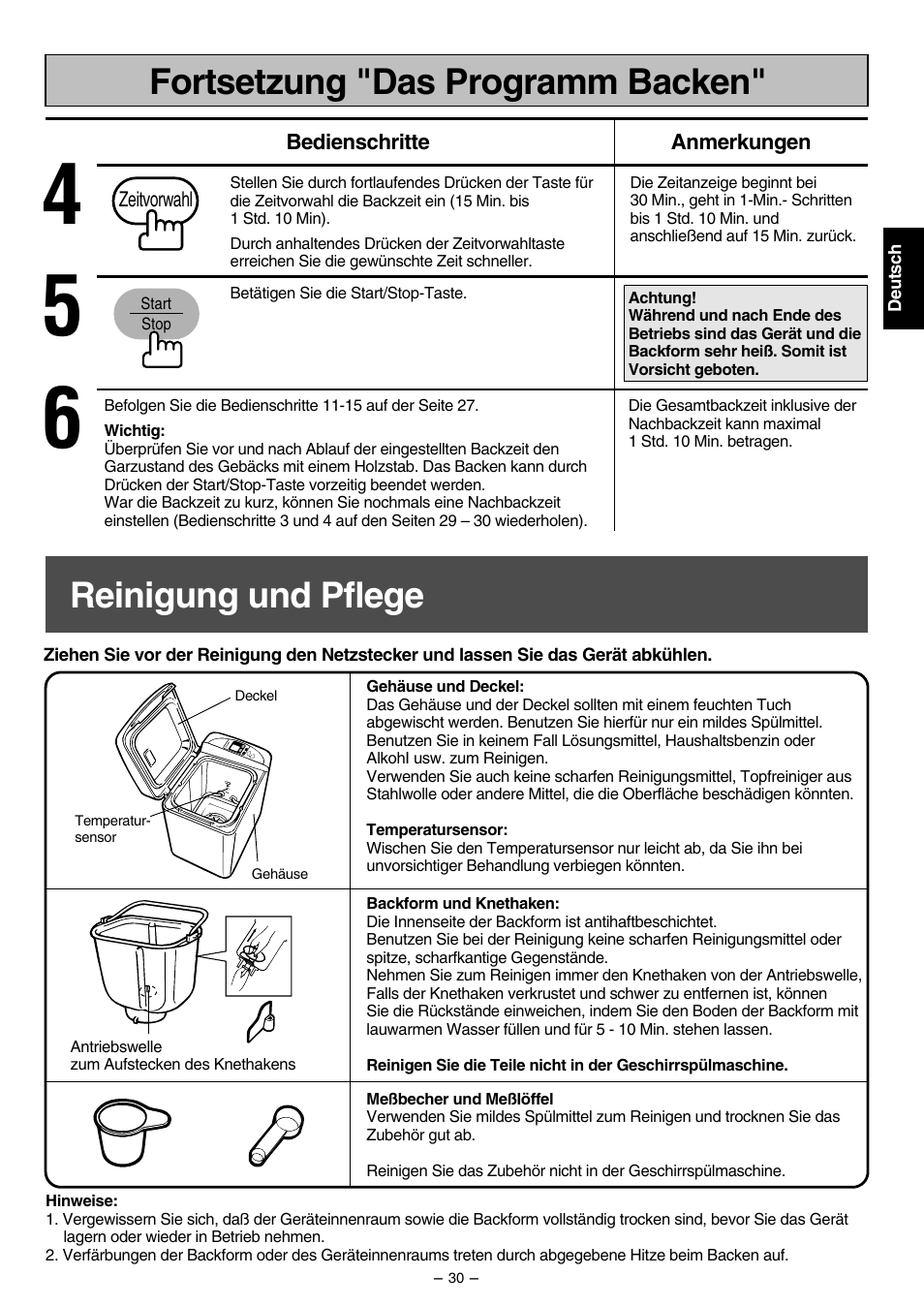 Reinigung und pflege, Fortsetzung "das programm backen | Panasonic SD207 User Manual | Page 31 / 64