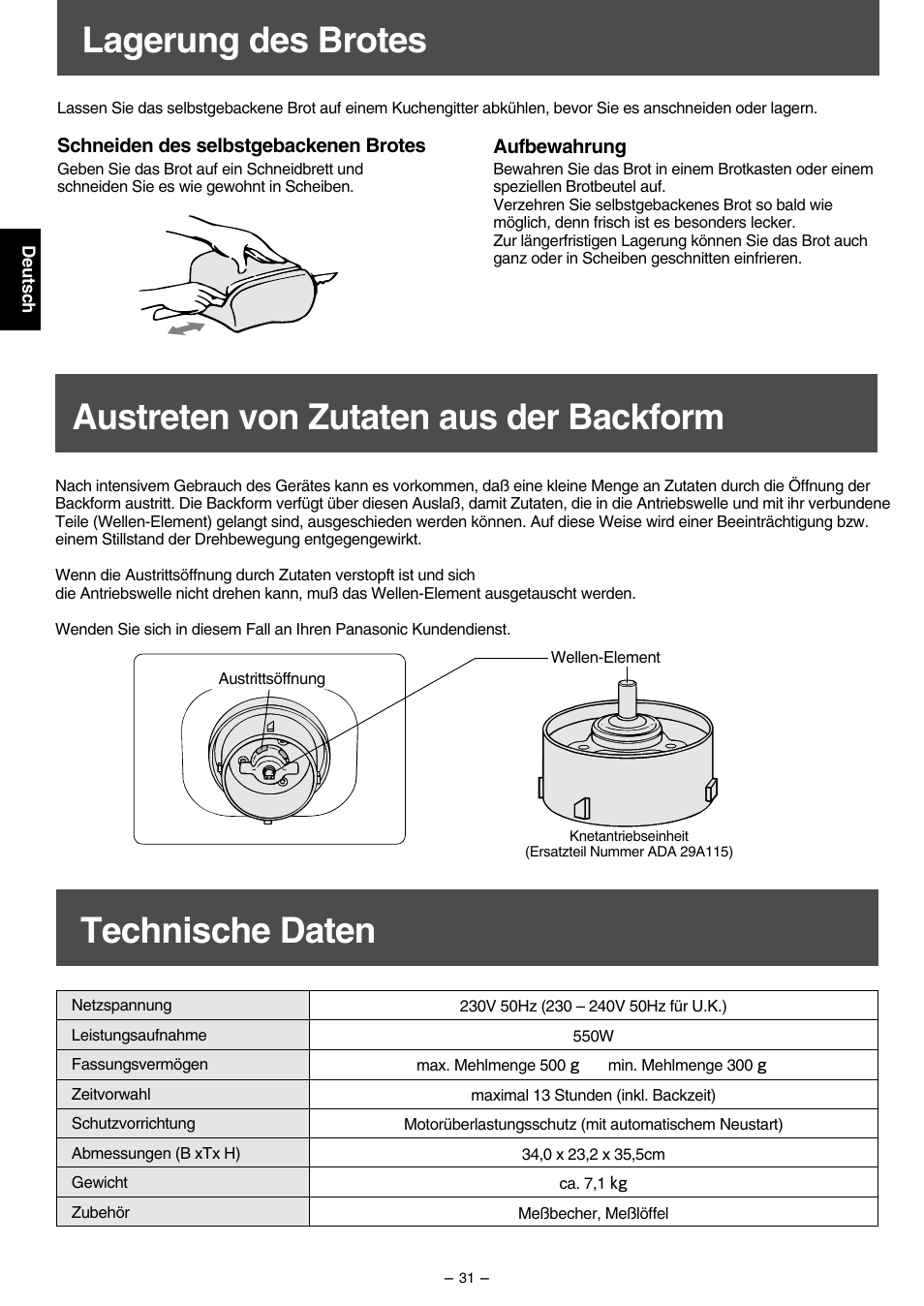Austreten von zutaten aus der backform, Technische daten, Lagerung des brotes | Panasonic SD207 User Manual | Page 32 / 64