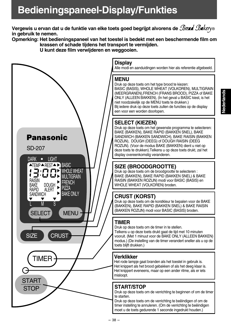 Bedieningspaneel-display/funkties, Timer, Start stop | Panasonic SD207 User Manual | Page 39 / 64