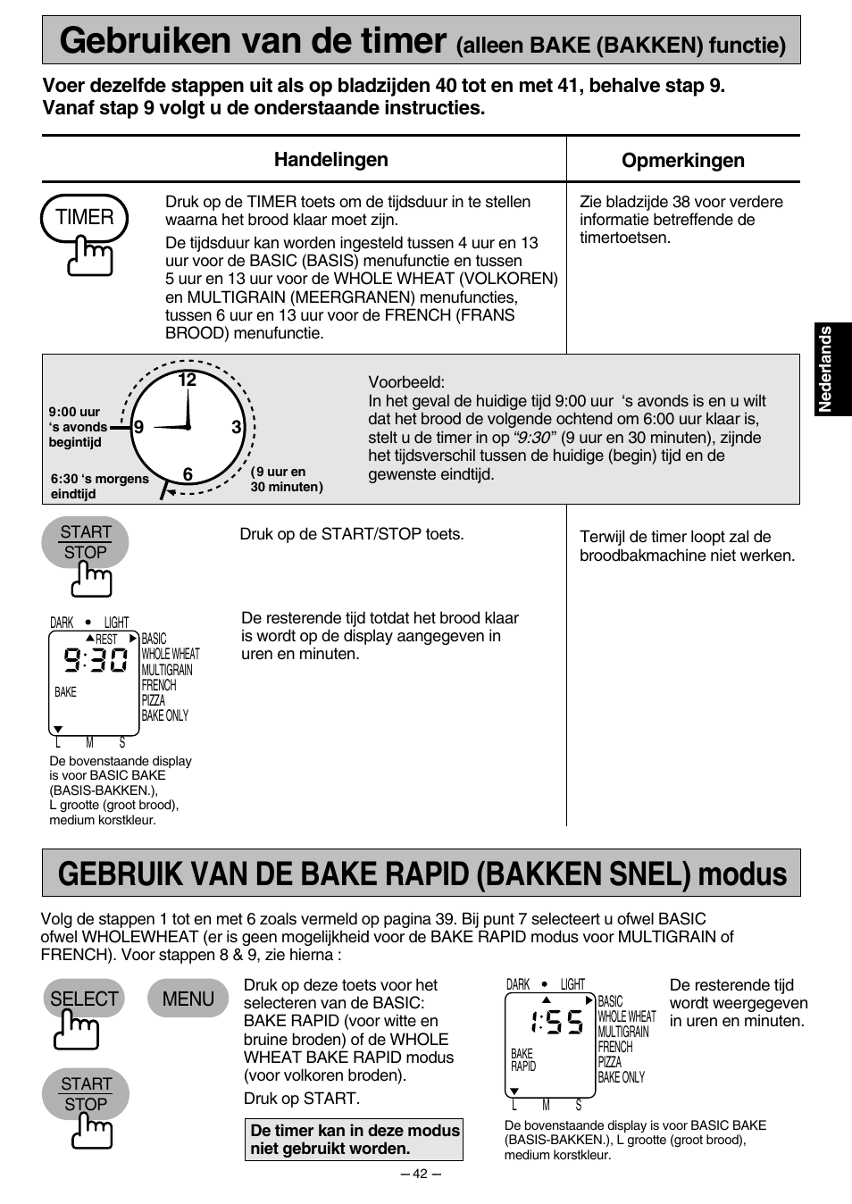 Gebruiken van de timer, Gebruik van de bake rapid (bakken snel) modus, Alleen bake (bakken) functie) | Timer, Select menu | Panasonic SD207 User Manual | Page 43 / 64